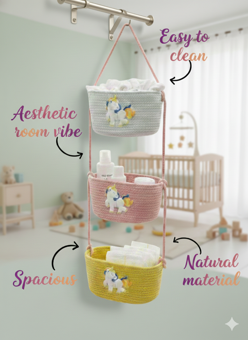 3-Tier Hanging Baby Storage Basket – Nursery Organiser & Decor