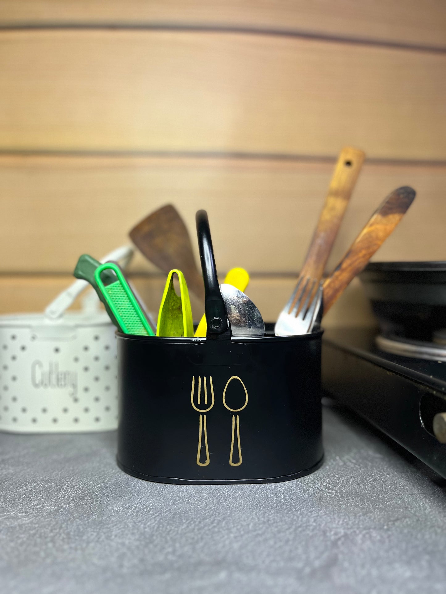 Cutlery Holder - Metal Tableware Storage Box - ( Black)