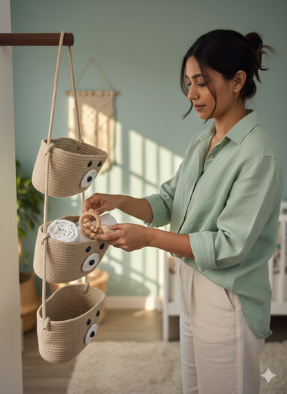 3-Tier Hanging Baby Storage Basket – Nursery Organiser & Decor