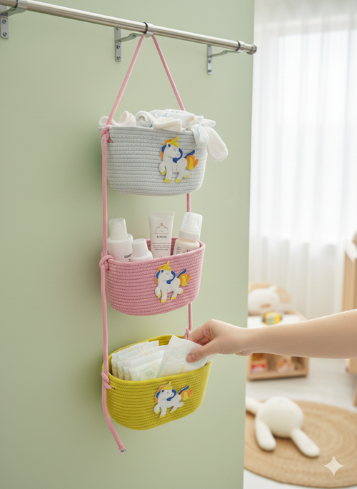 3-Tier Hanging Baby Storage Basket – Nursery Organiser & Decor