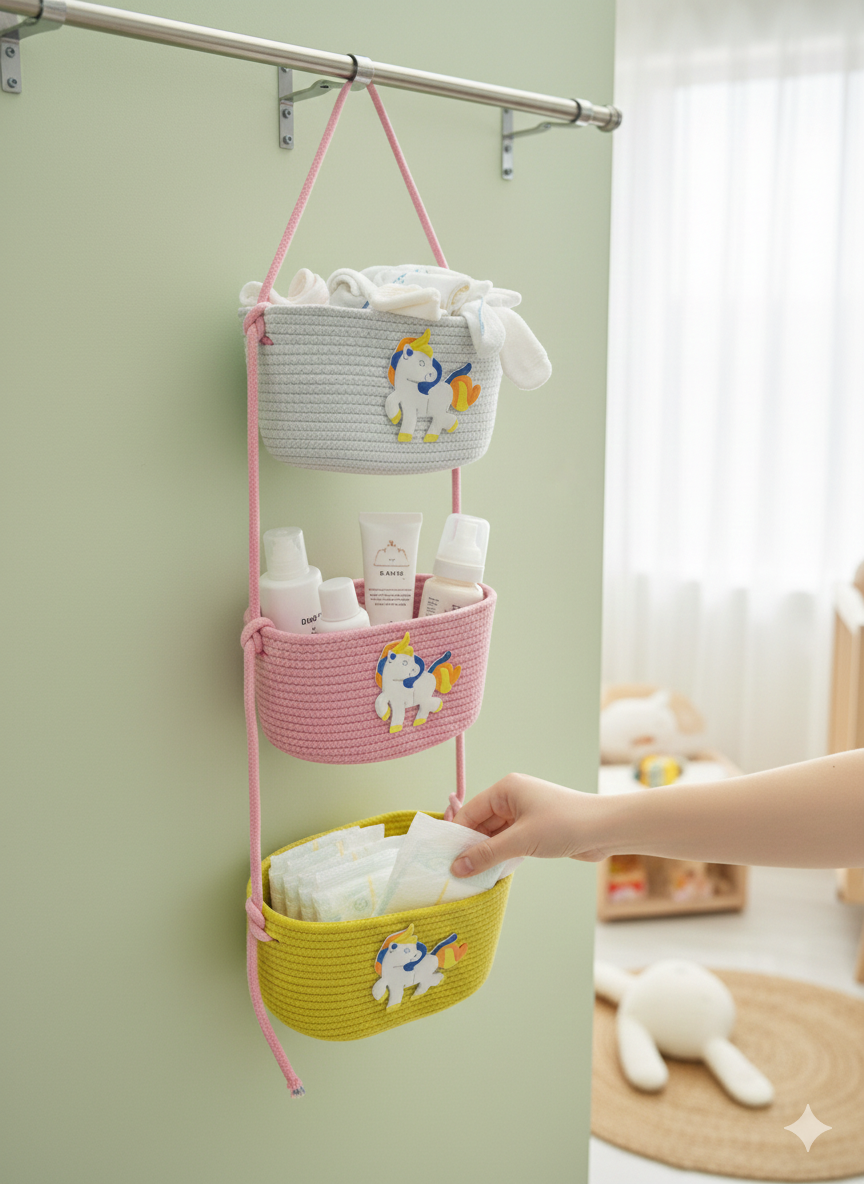 3-Tier Hanging Baby Storage Basket – Nursery Organiser & Decor