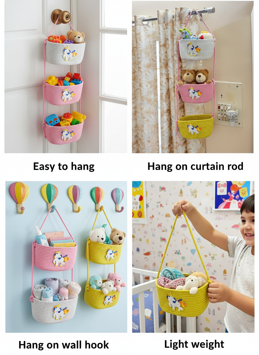 3-Tier Hanging Baby Storage Basket – Nursery Organiser & Decor