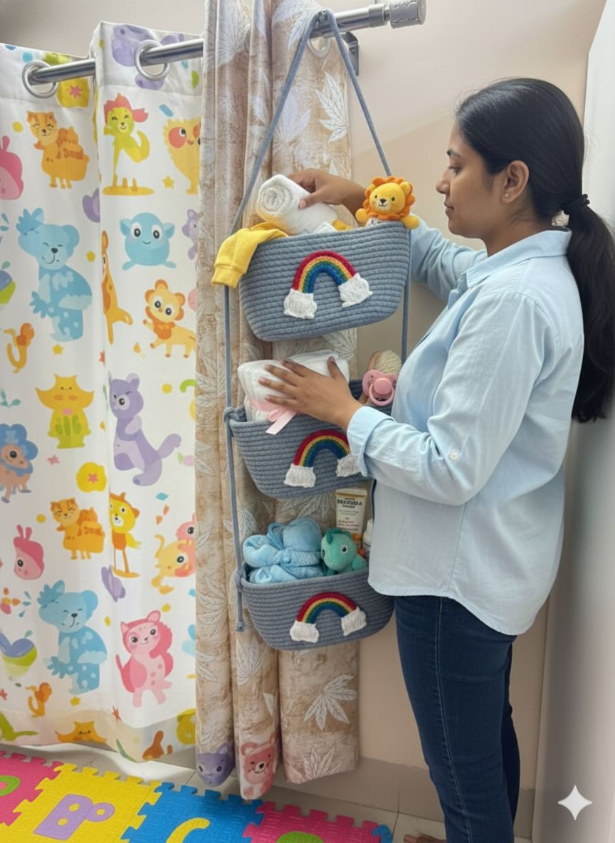 3-Tier Hanging Baby Storage Basket – Nursery Organiser & Decor