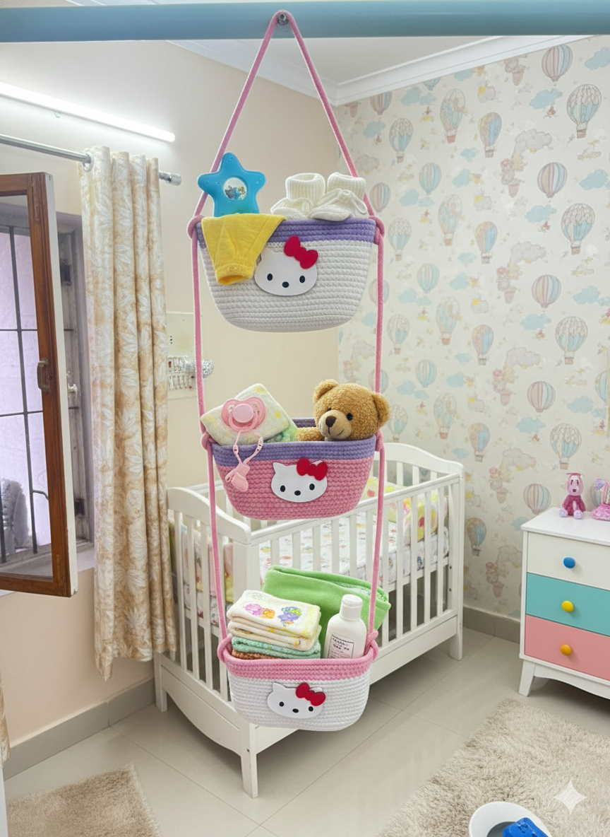 3-Tier Hanging Baby Storage Basket – Nursery Organiser & Decor