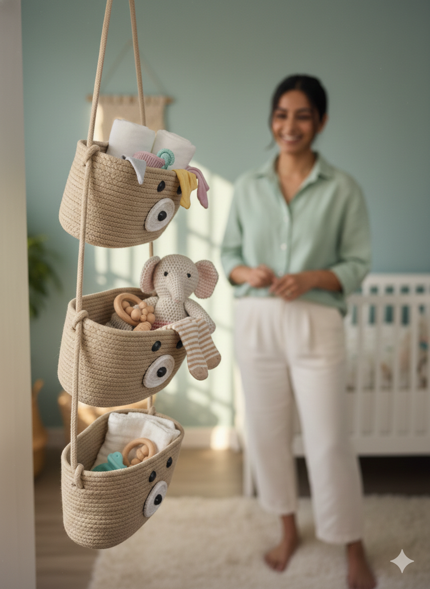 3-Tier Hanging Baby Storage Basket – Nursery Organiser & Decor