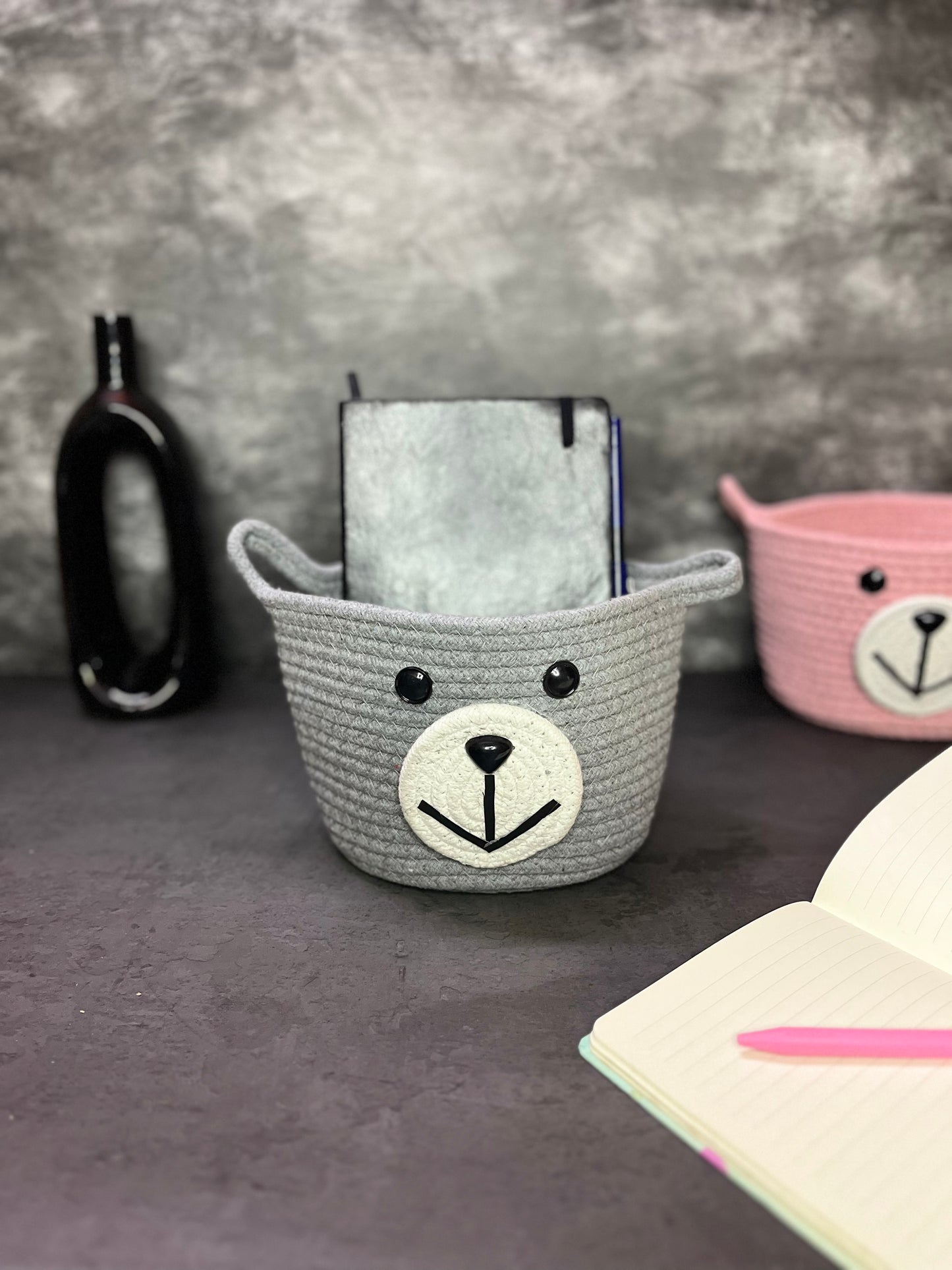 Small Bear Cotton Rope Accommodating Bucket Woven Basket