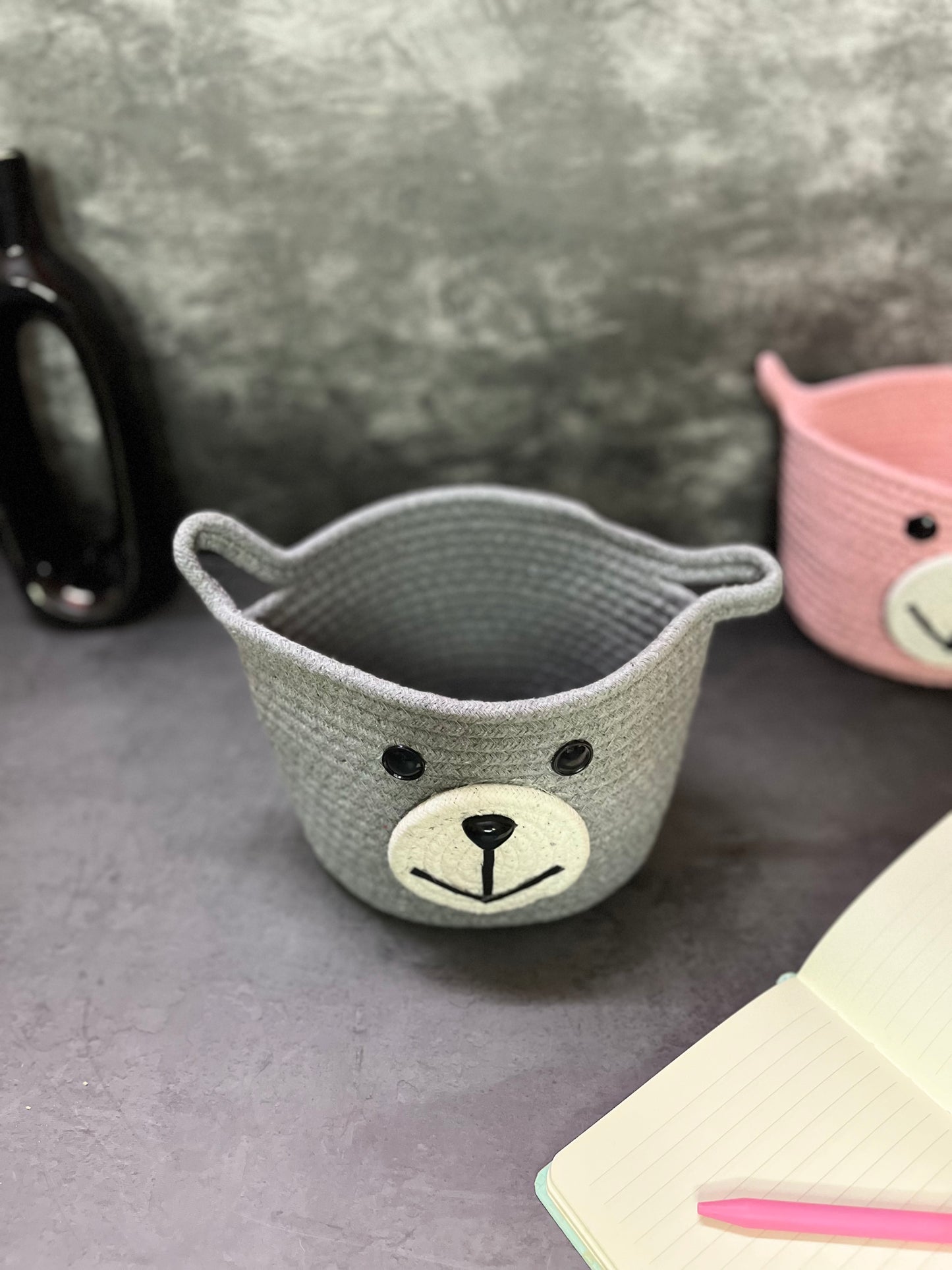 Small Bear Cotton Rope Accommodating Bucket Woven Basket