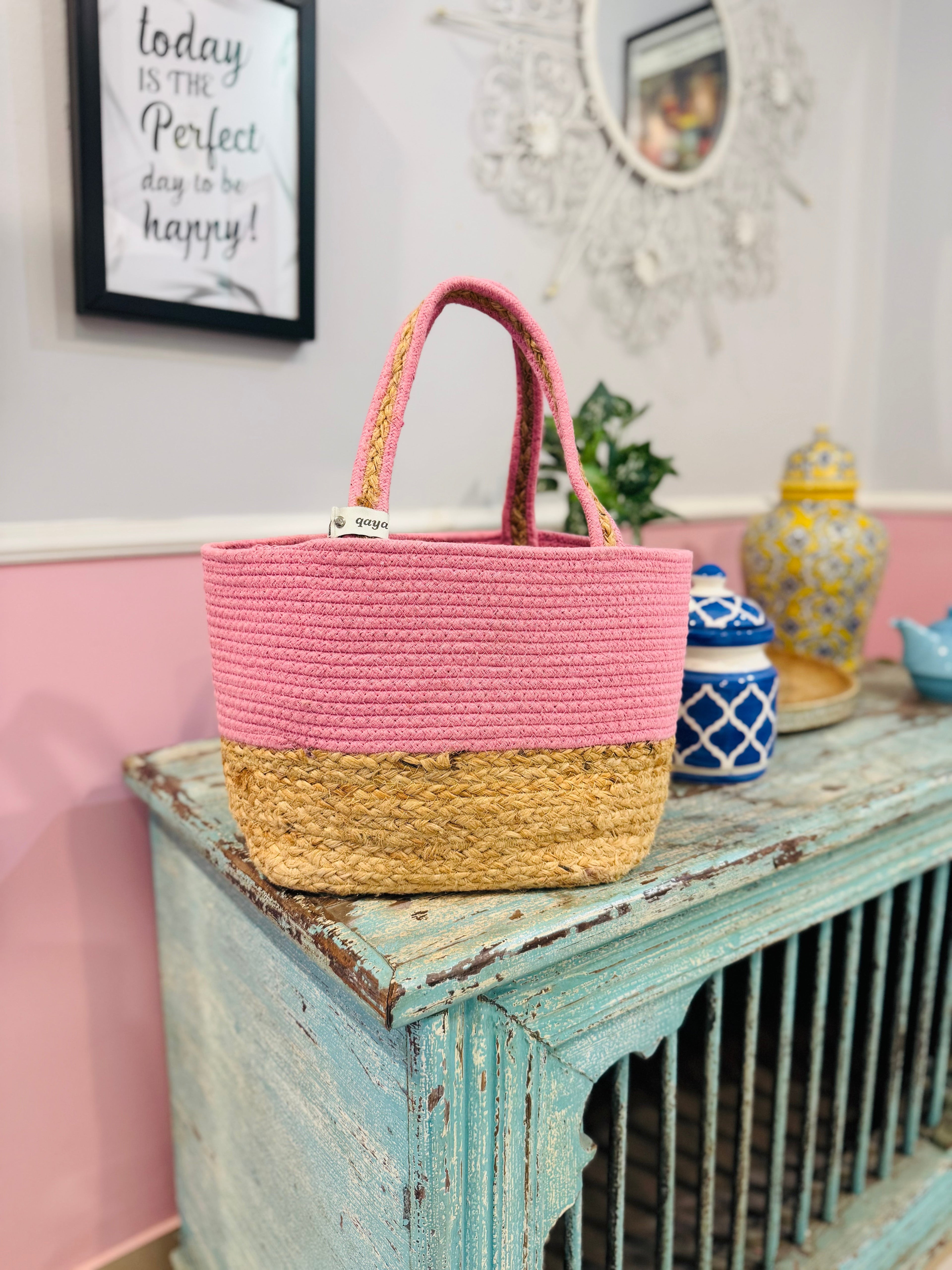 Pink-Jute Hamper Basket