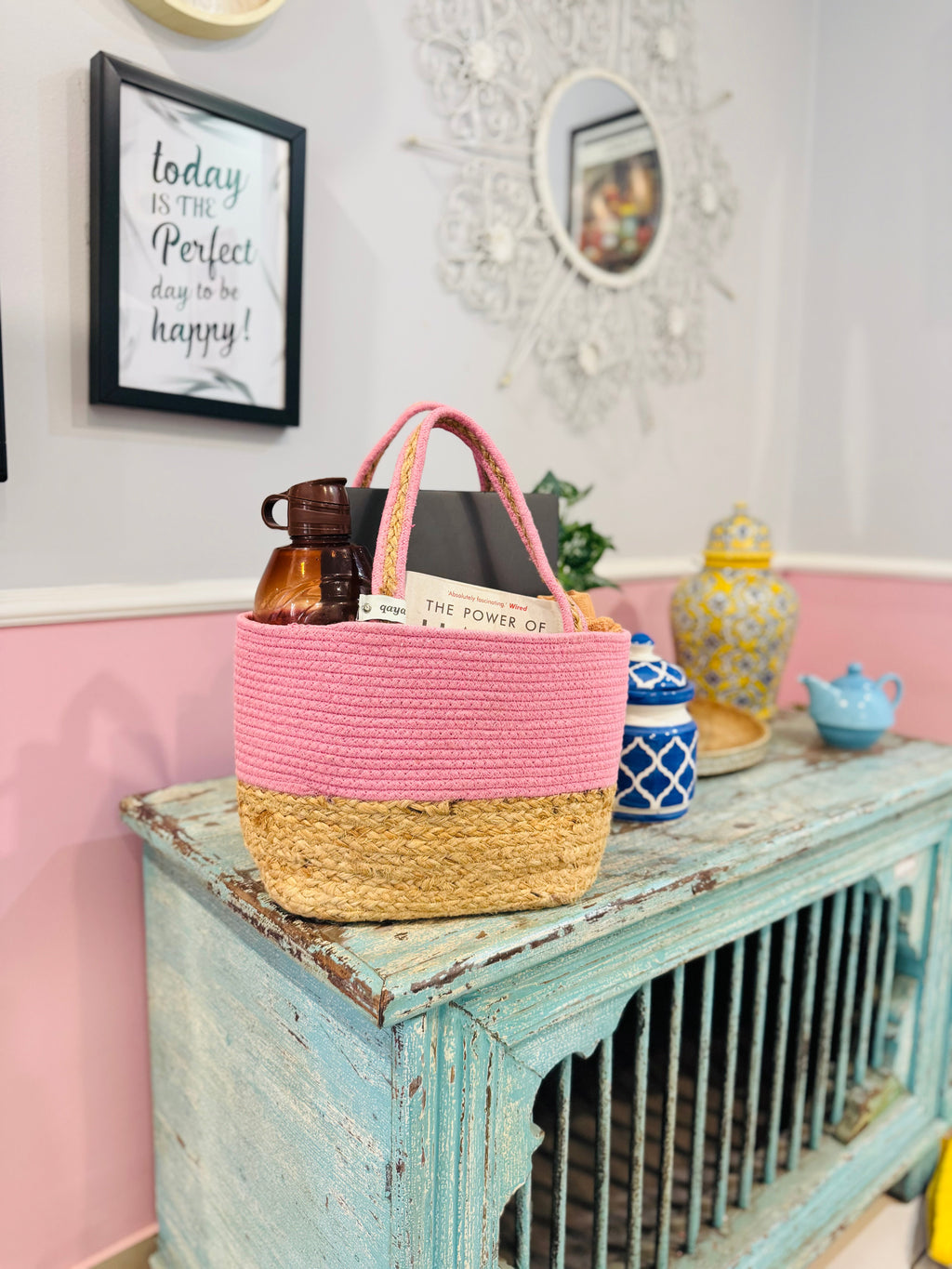 Set of 2 Hamper Basket - pink & rainbow
