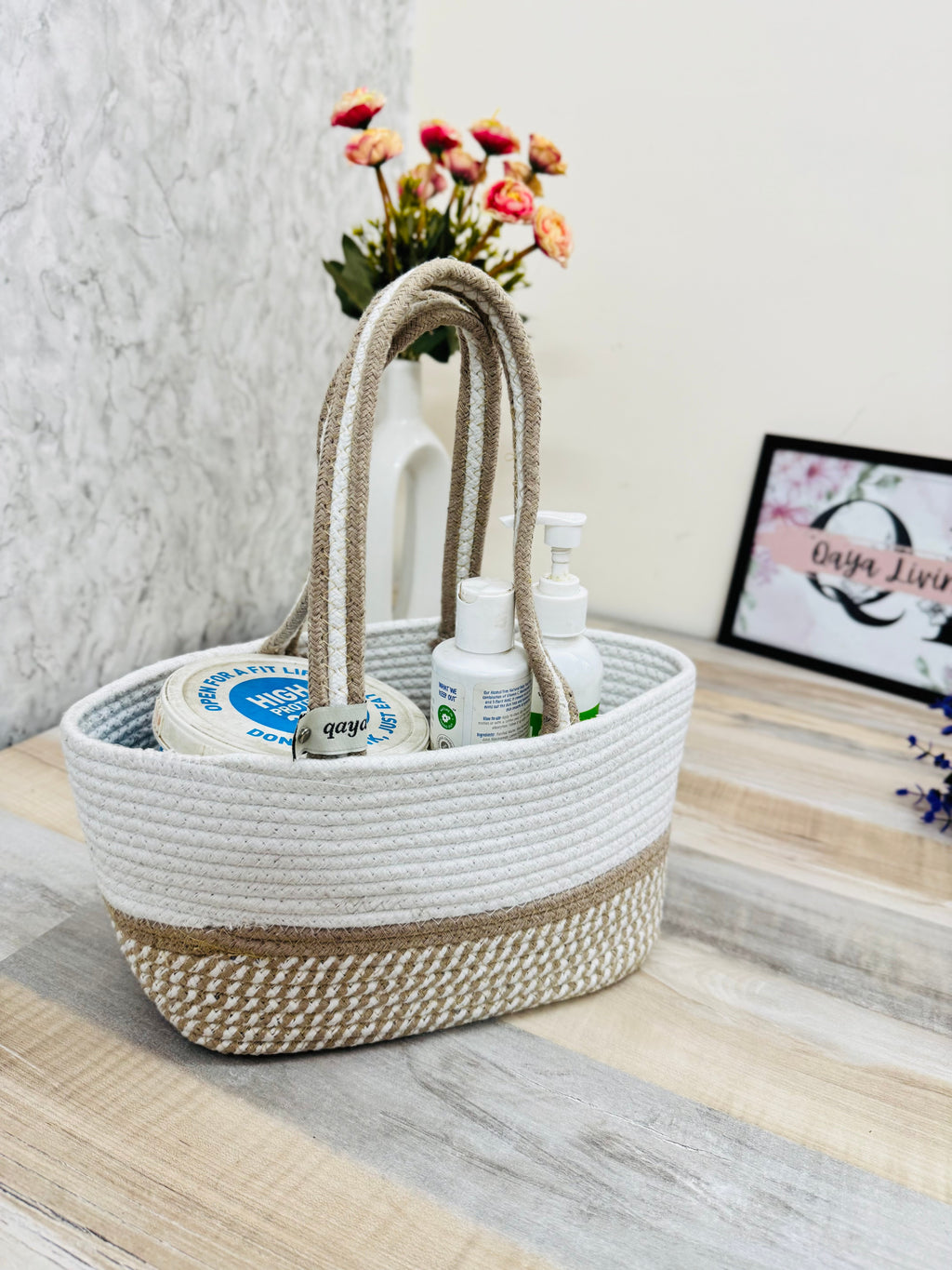 Hamper Basket - White & Beige