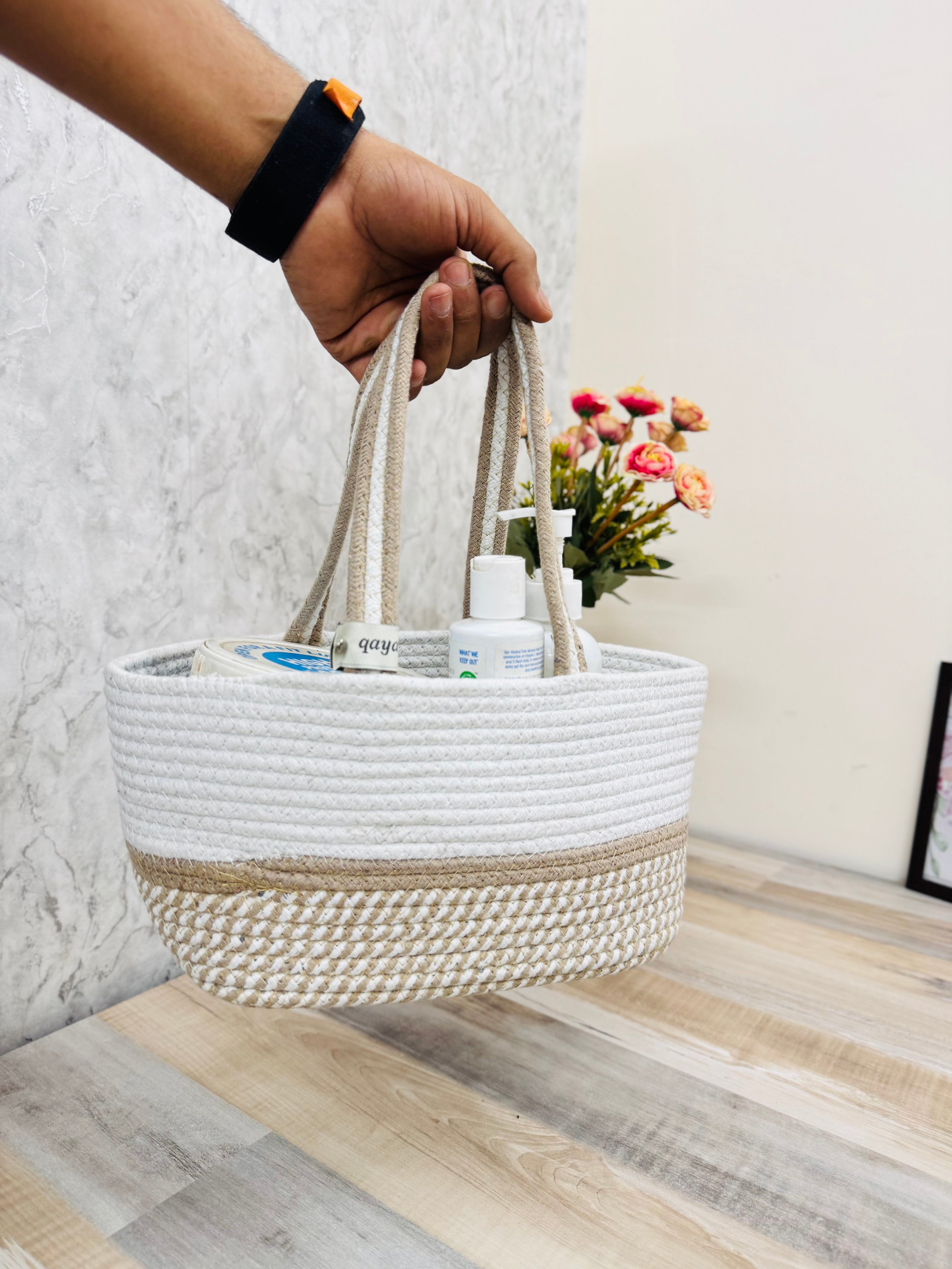 Set of 2 Hamper Baskets - Beige & White