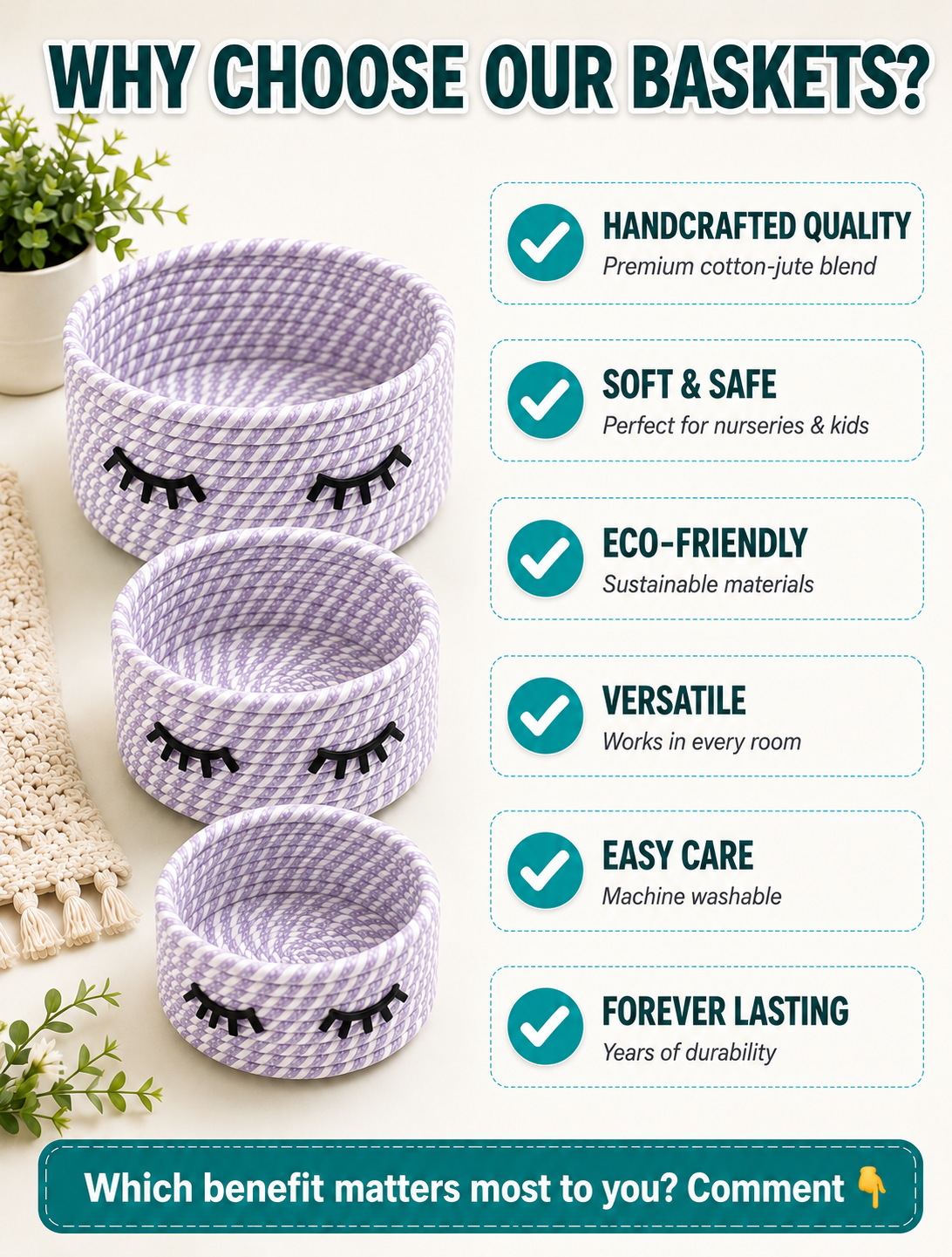 Cute Handwoven Storage Baskets with Eye Design – Set of 3