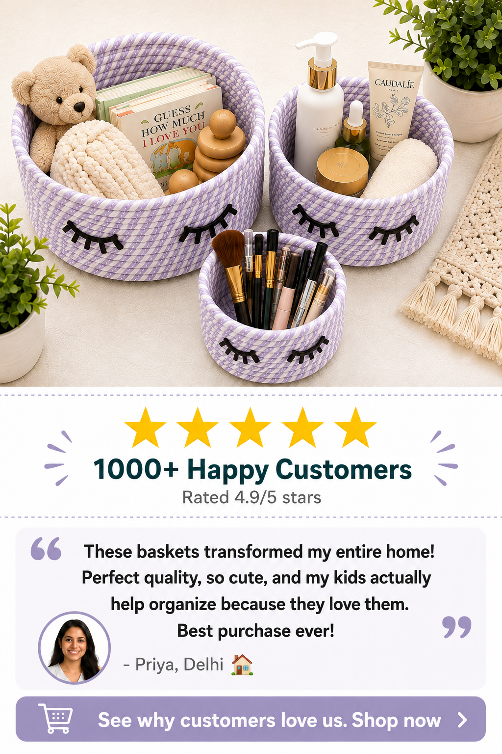 Cute Handwoven Storage Baskets with Eye Design – Set of 3