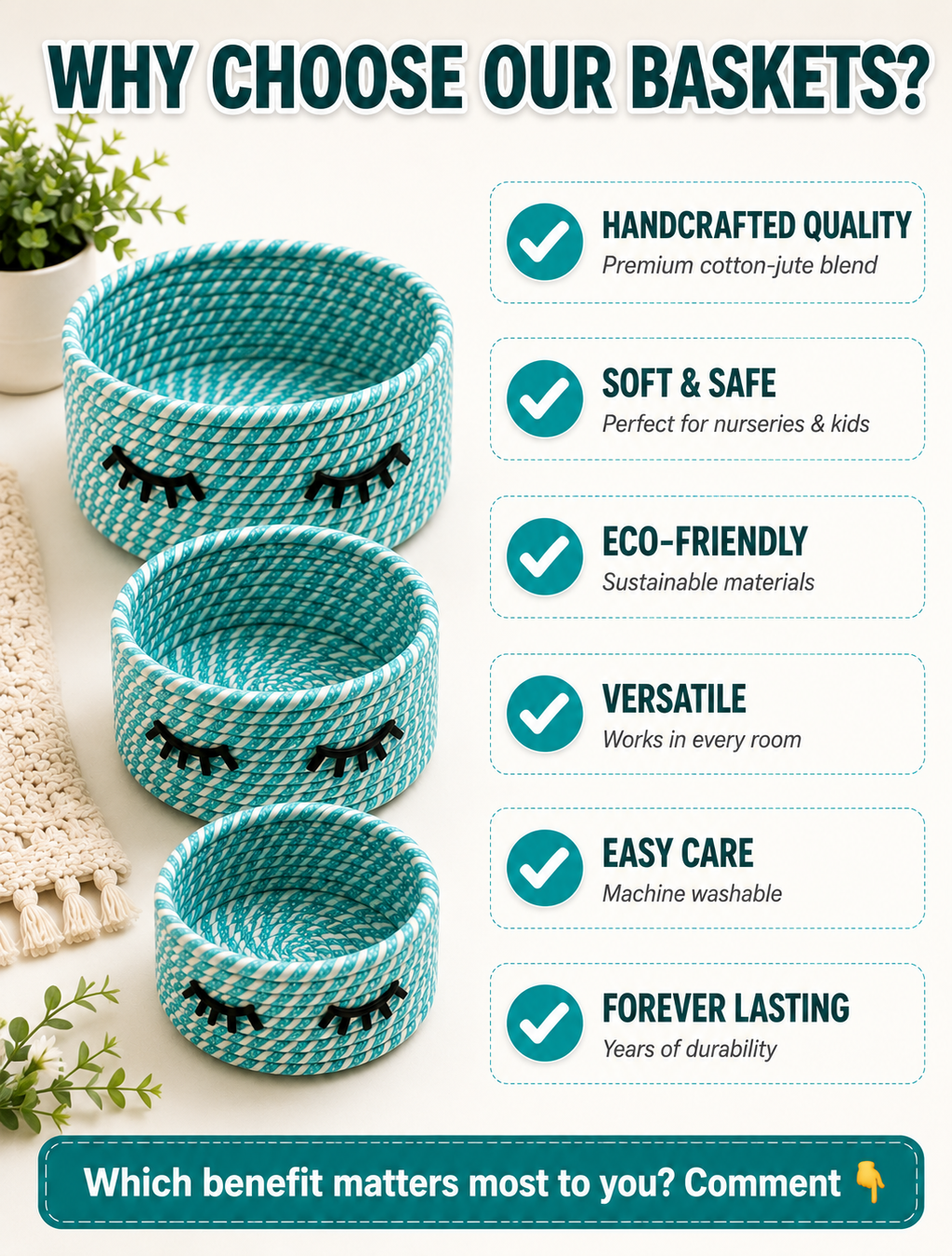 Cute Handwoven Storage Baskets with Eye Design – Set of 3