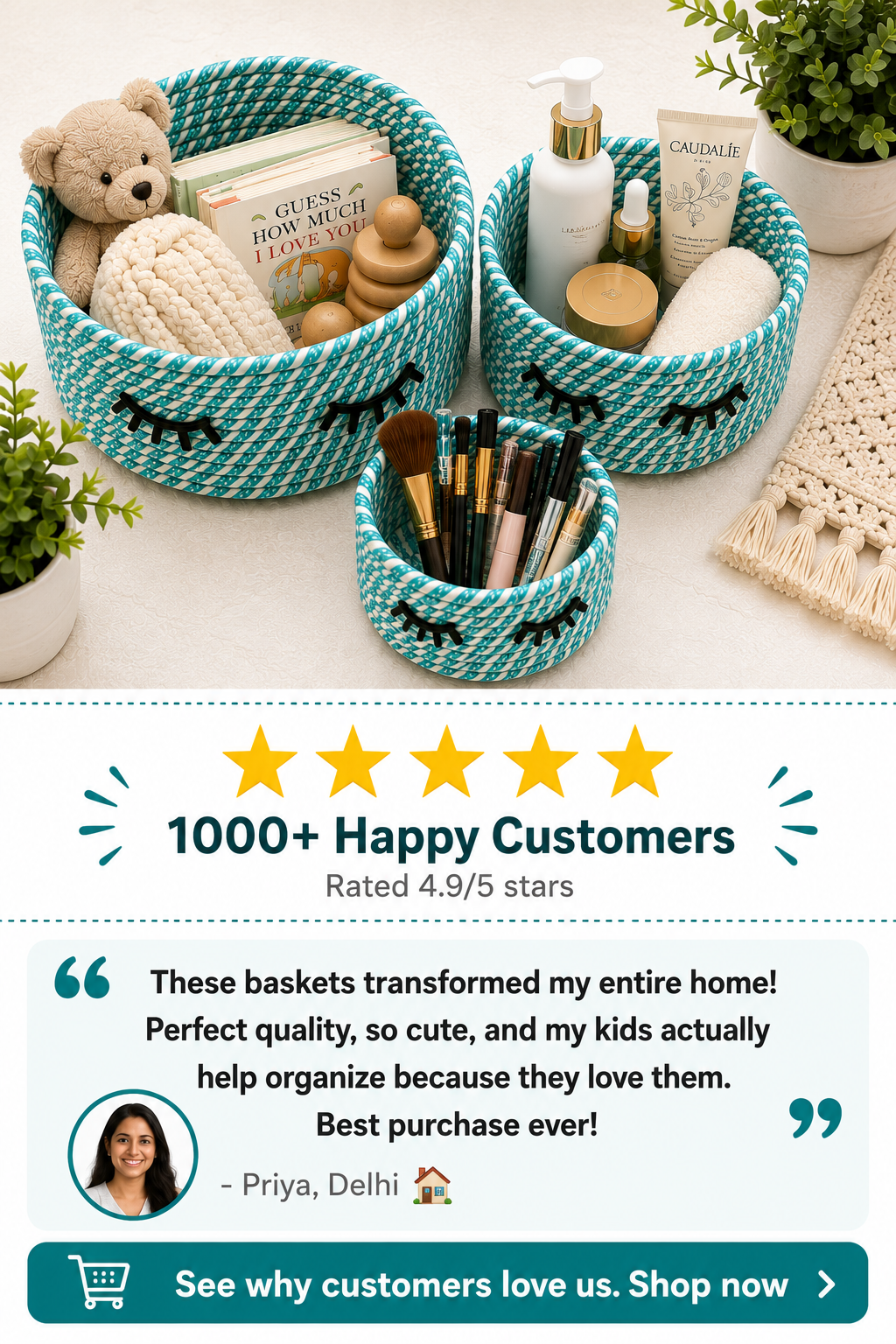 Cute Handwoven Storage Baskets with Eye Design – Set of 3