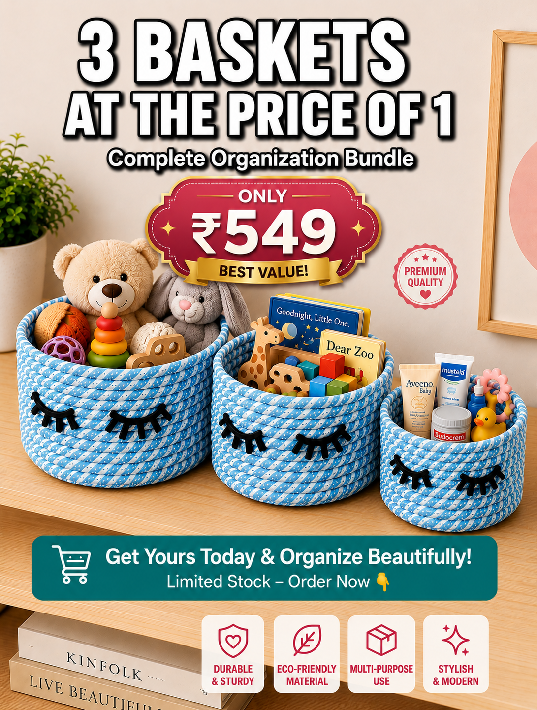 Cute Handwoven Storage Baskets with Eye Design – Set of 3