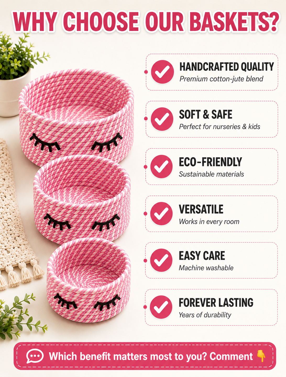 Cute Handwoven Storage Baskets with Eye Design – Set of 3