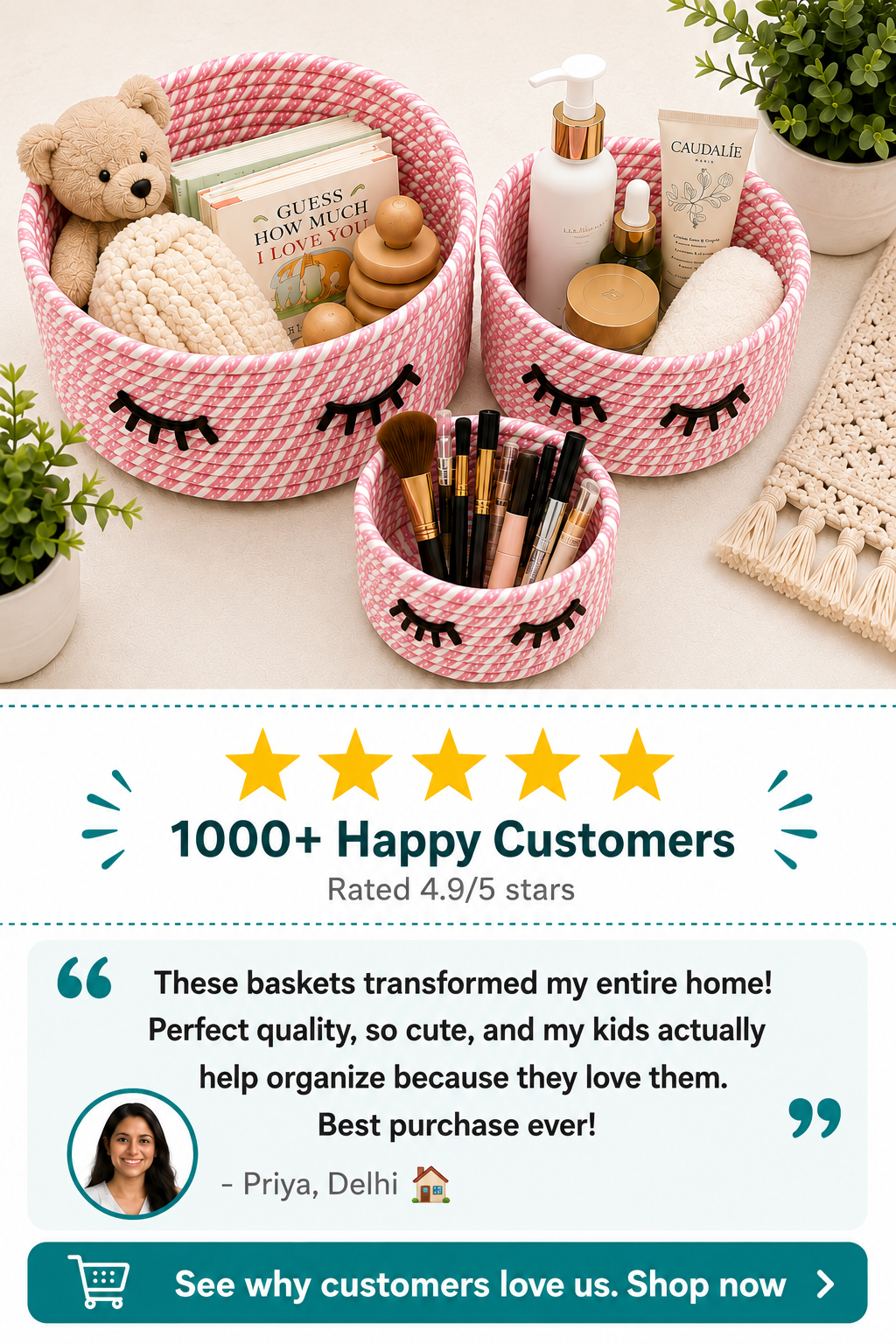 Cute Handwoven Storage Baskets with Eye Design – Set of 3