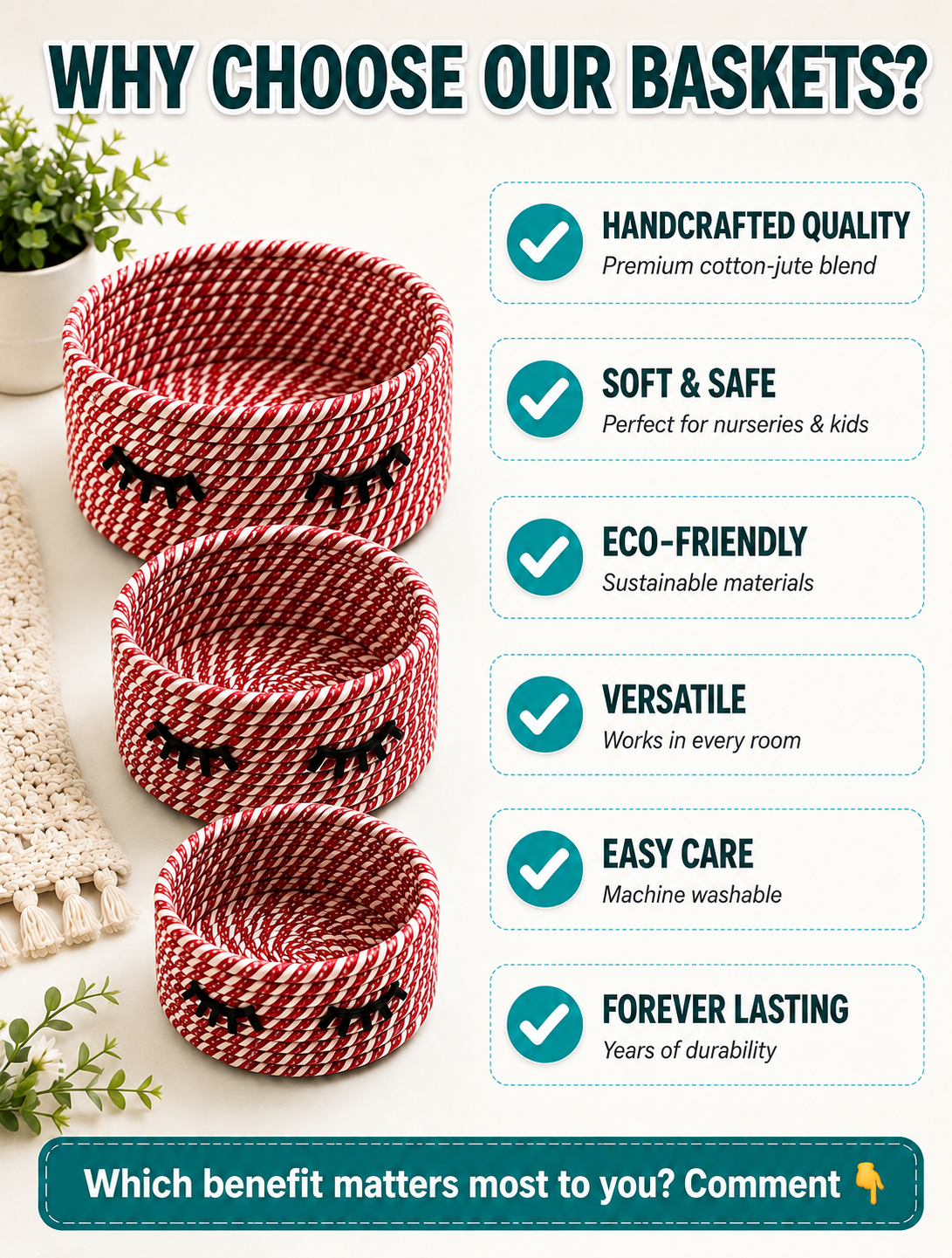 Cute Handwoven Storage Baskets with Eye Design – Set of 3