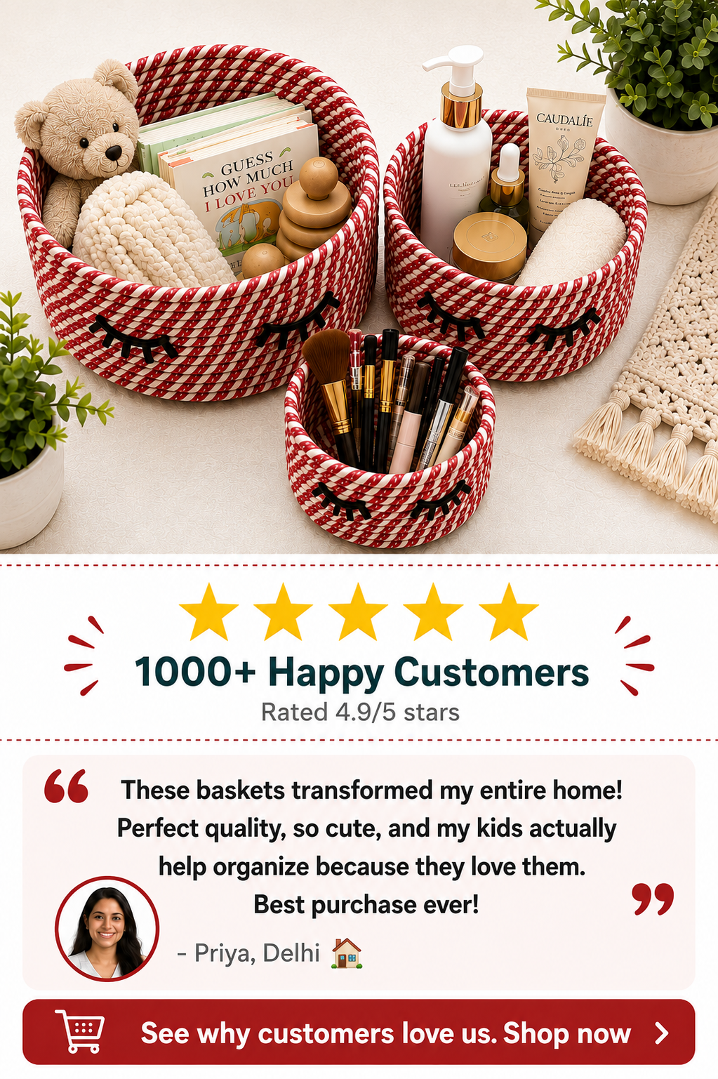 Cute Handwoven Storage Baskets with Eye Design – Set of 3