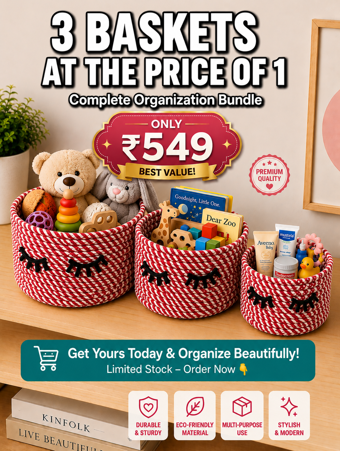Cute Handwoven Storage Baskets with Eye Design – Set of 3